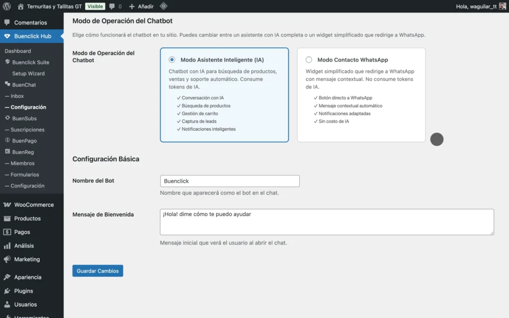Modos de operación de BuenChat: Elige si quieres que el asistente de IA responda a tus visitantes o si prefieres, presenta tus canales de WhatsApp.
